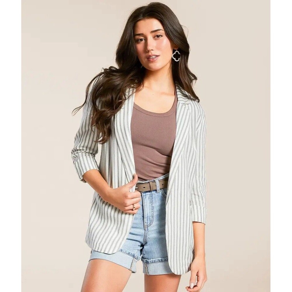 Stoosh Striped Blazer Jacket Women Medium M Grey White Open Front Casual
